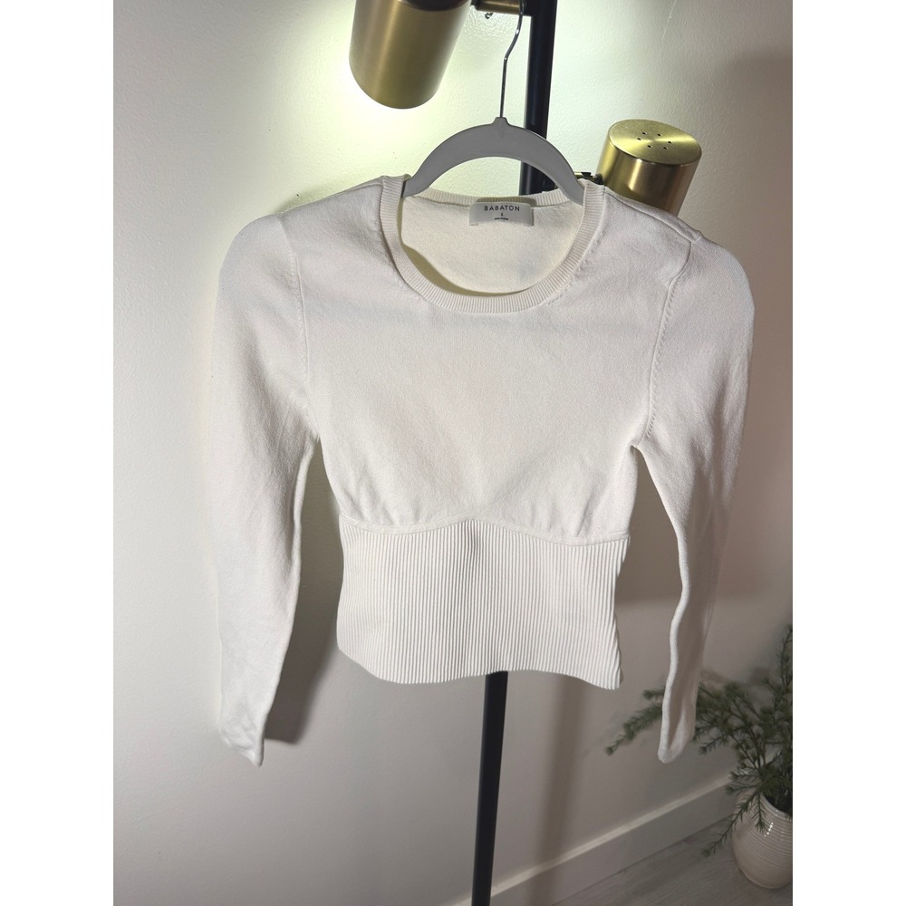 Babaton Aritzia bodycon cream crewneck jeans top date night going out SM chic ec